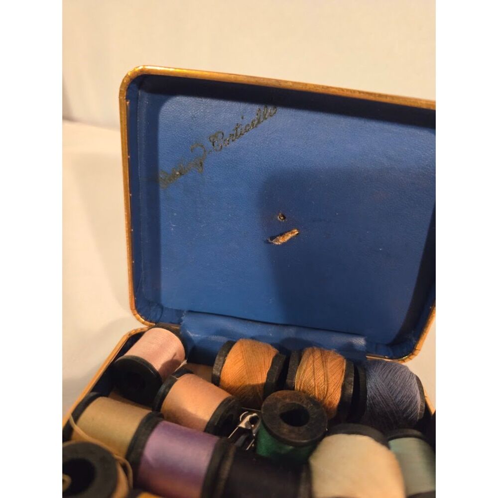 Vintage Blue Sewing Kit Thread Box w Scissors & Thread Spools Made in Britain